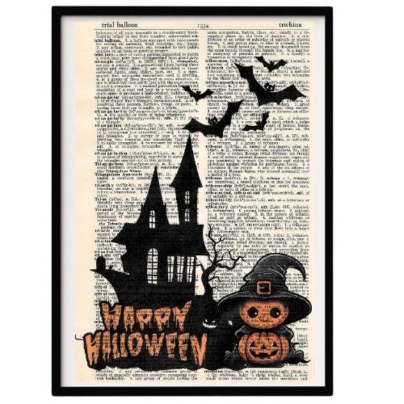 Vintage Dictionary Art Print Wall Hanging Pages Happy Halloween Pumpkin Boy mq - Picture 1 of 1